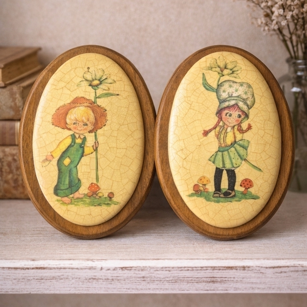 Vintage Oval Wall Plaques Set Cottagecore Kids Floral Mushroom Wooden Retro